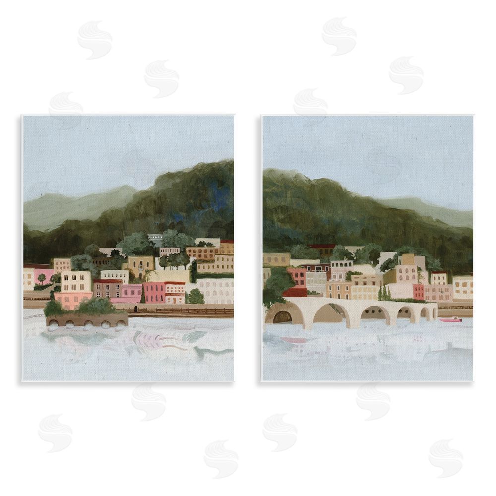 Grace Popp Mountain Town by Sea Wooden Wall Plaque Art Print