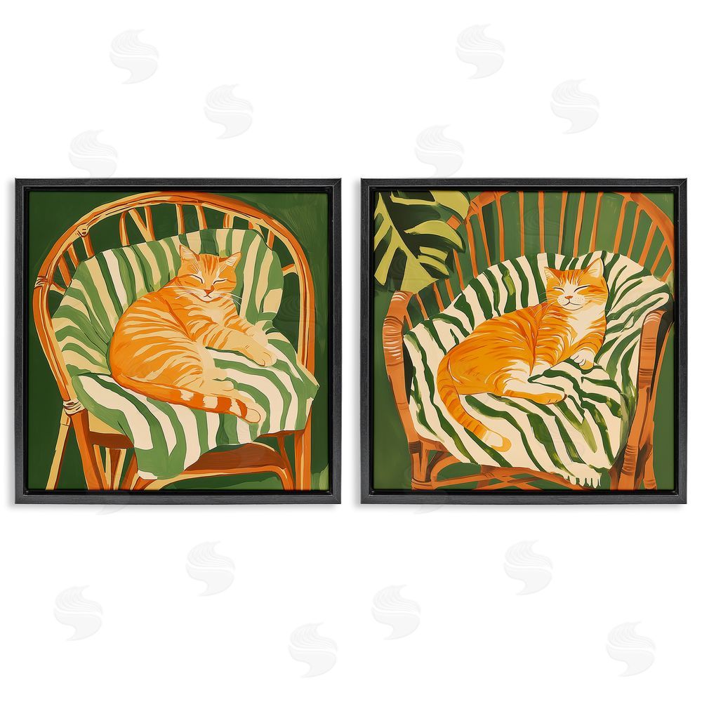 Walker Noble Cozy Cats in Rattan Chairs Black Floating Frame Wall Art Print