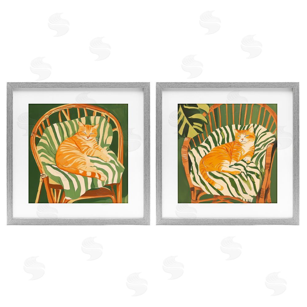 Walker Noble Cozy Cats in Rattan Chairs Gray Framed Print Under Glass Wall Art
