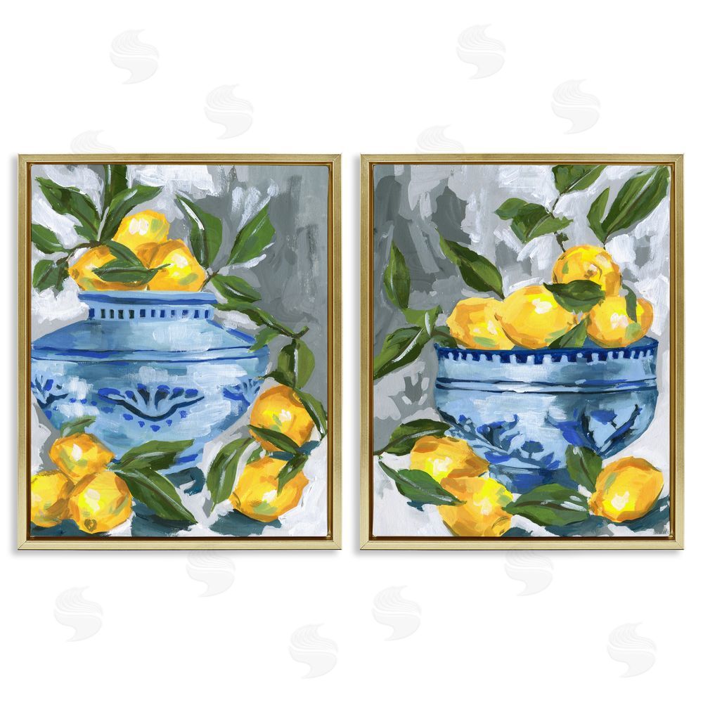 Melissa Wang Indigo & Lemon Citrus Fruits Gold Floating Frame Canvas Wall Art