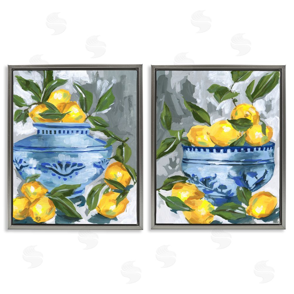 Melissa Wang Indigo & Lemon Citrus Fruits Gray Floating Frame Canvas Wall Art