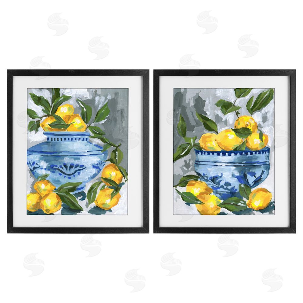 Melissa Wang Indigo & Lemon Citrus Fruits Black Framed Print Under Glass with Mat Wall Art