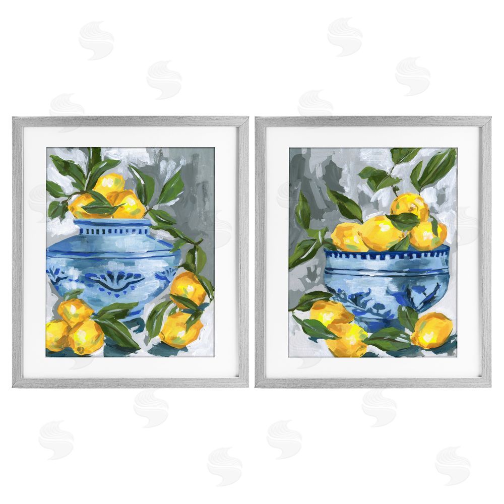 Melissa Wang Indigo & Lemon Citrus Fruits Gray Framed Print Under Glass with Mat Wall Art