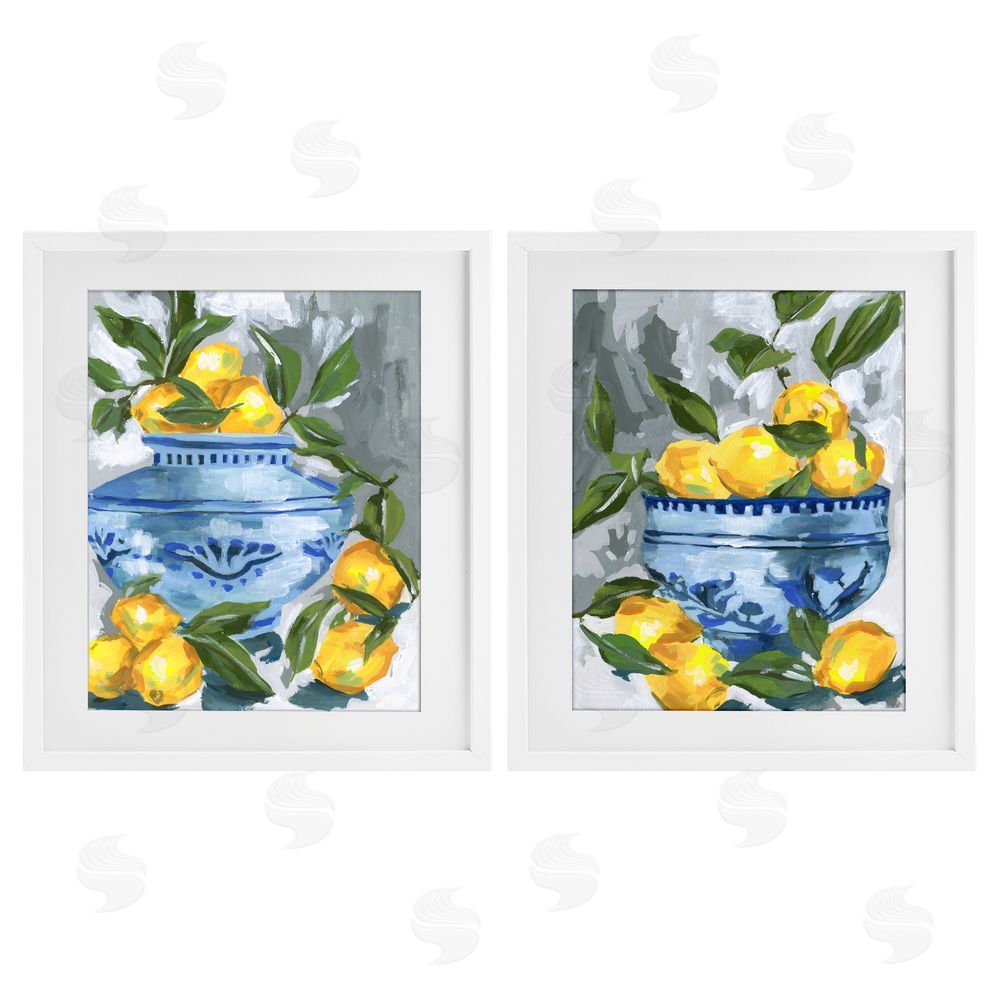 Melissa Wang Indigo & Lemon Citrus Fruits White Framed Print Under Glass with Mat Wall Art