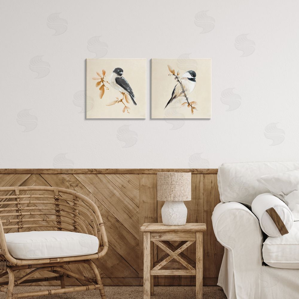 Sundance Graphics Muted Chickadees on Beige Canvas Wall Art Print in Room