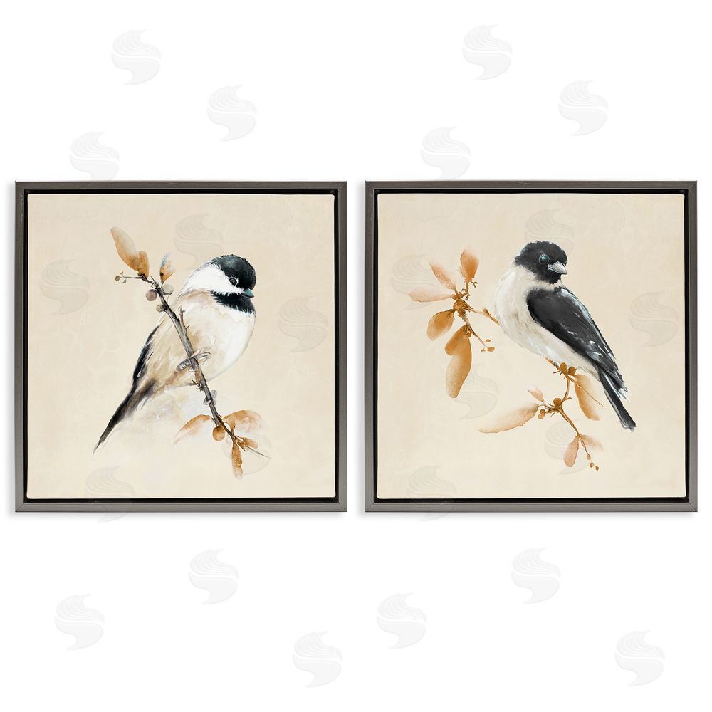 Sundance Graphics Muted Chickadees on Beige Gray Floating Frame Canvas Wall Art Print