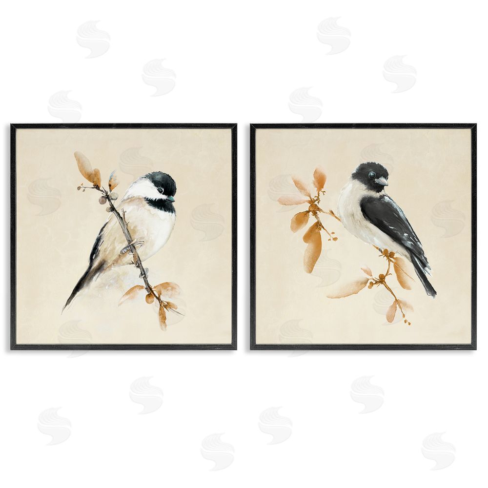 Sundance Graphics Muted Chickadees on Beige Black Framed Giclee Wall Art Print
