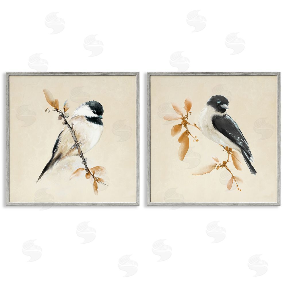 Sundance Graphics Muted Chickadees on Beige Gray Framed Giclee Wall Art Print