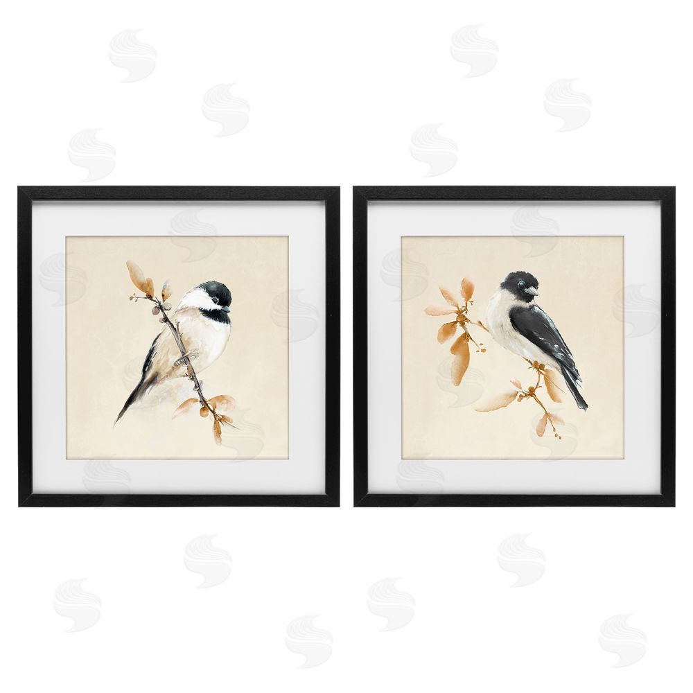 Sundance Graphics Muted Chickadees on Beige Black Framed Print Under Glass Wall Art
