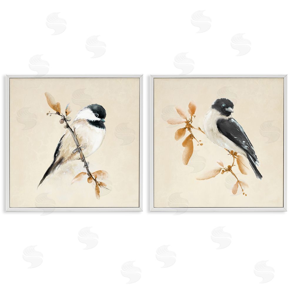 Sundance Graphics Muted Chickadees on Beige White Framed Giclee Wall Art Print