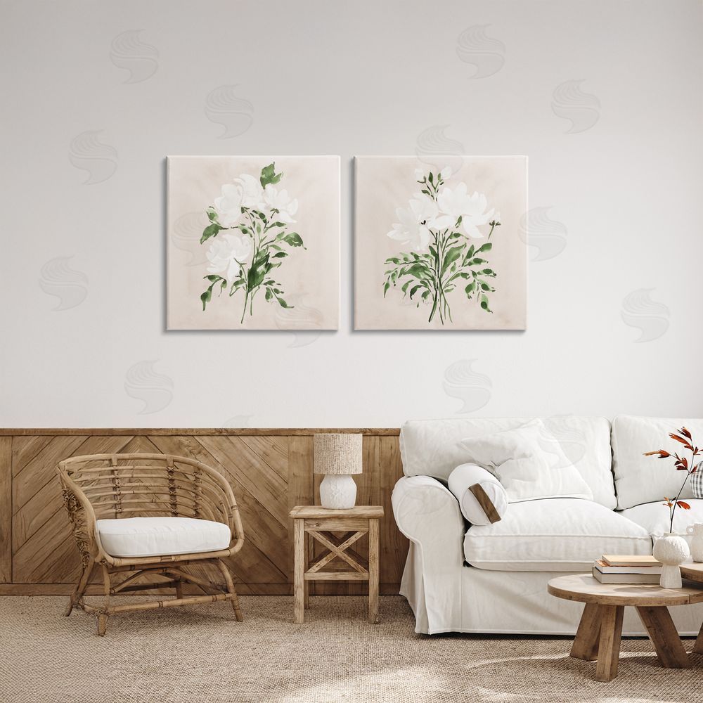 Lucille Price White On Tan Botanicals Stretched Canvas Wall Art Print in Room