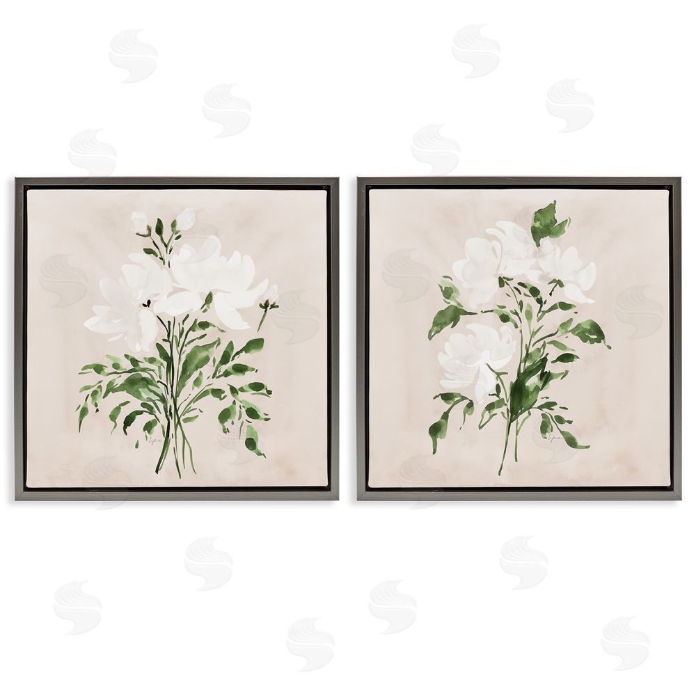 Lucille Price White On Tan Botanicals Gray Floating Frame Canvas Wall Art Print