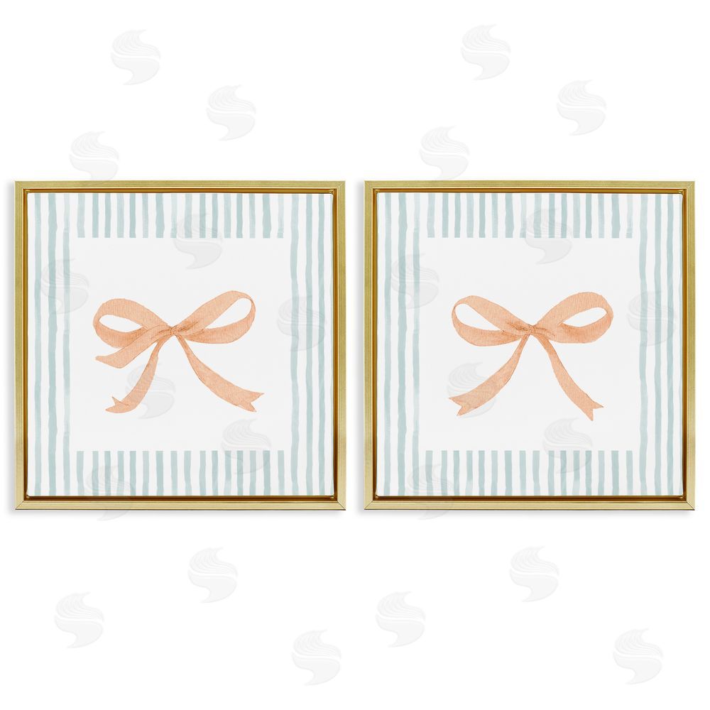 Sundance Graphics Orange Bows and Blue Stripes Gold Floating Frame Canvas Wall Art Print