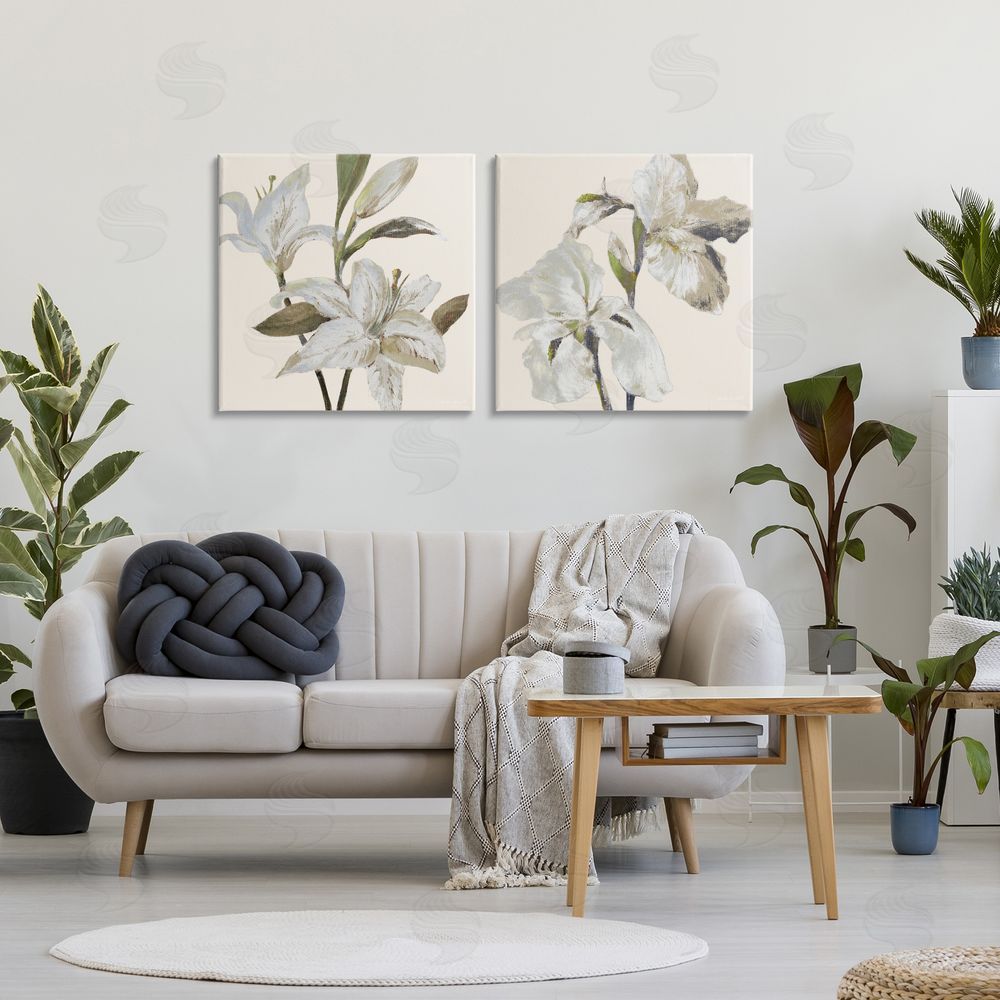 Sundance Graphics Irises and Lilies Soft Beige Canvas Wall Art Print in Room