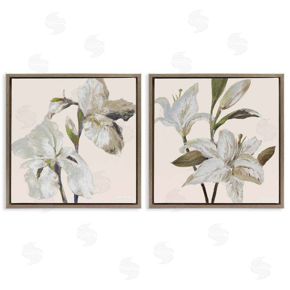 Sundance Graphics Irises and Lilies Soft Beige Brown Floating Frame Canvas Wall Art Print