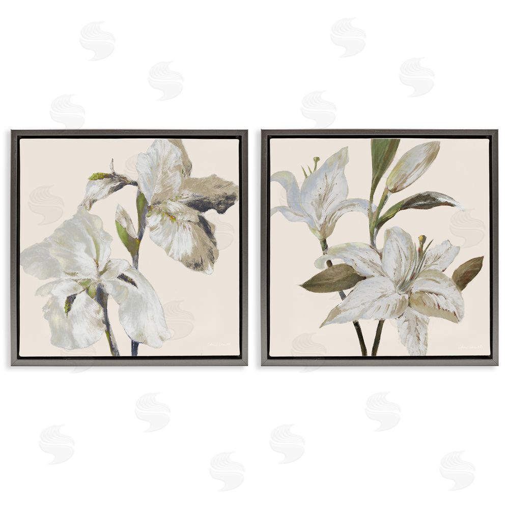 Sundance Graphics Irises and Lilies Soft Beige Gray Floating Frame Canvas Wall Art Print
