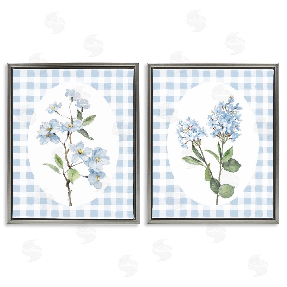 Sundance Graphics Blooms on Blue Checkered Gray Floating Frame Canvas Wall Art Print