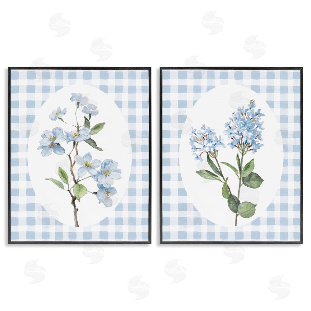 Sundance Graphics Blooms on Blue Checkered Black Framed Giclee Wall Art Print