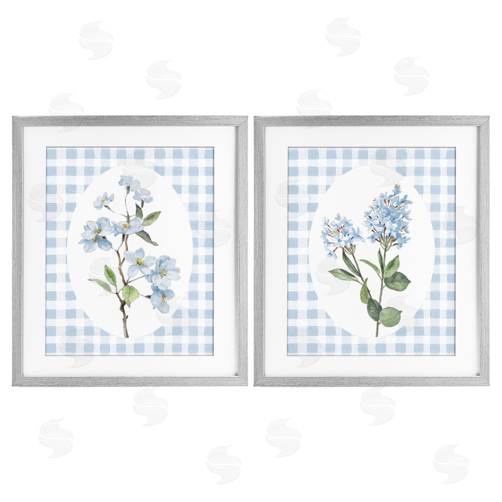 Sundance Graphics Blooms on Blue Checkered Gray Framed Print Under Glass Wall Art