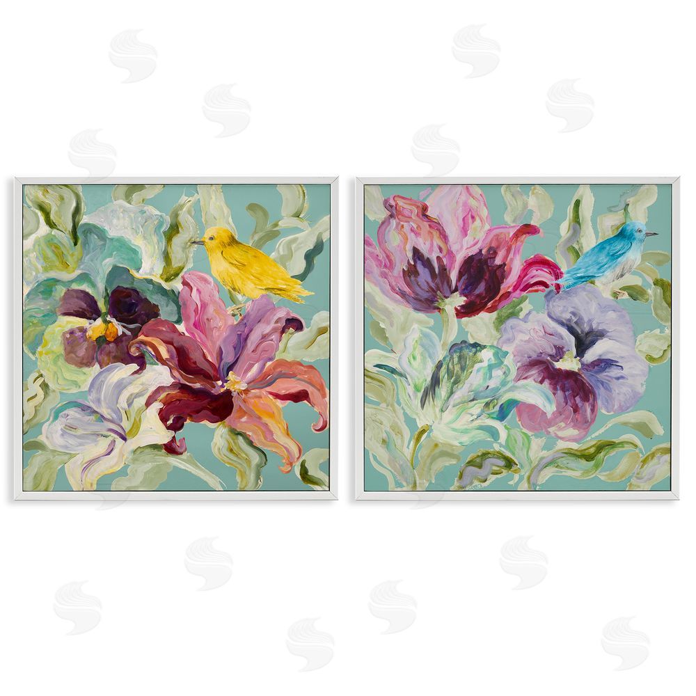 Sundance Graphics Lyrical Garden Canaries White Framed Giclee Wall Art Print