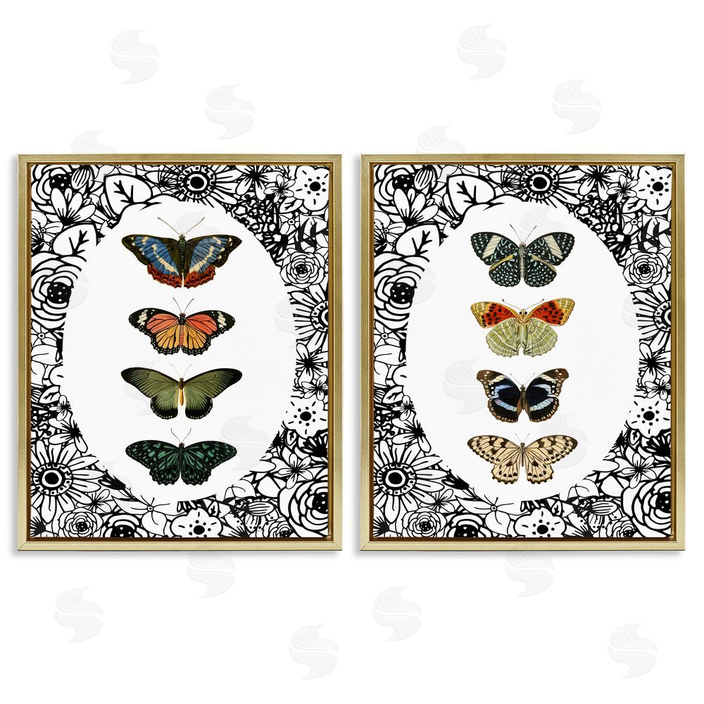 Sundance Graphics Floral Butterflies Lineup Gold Floating Frame Canvas Wall Art Print