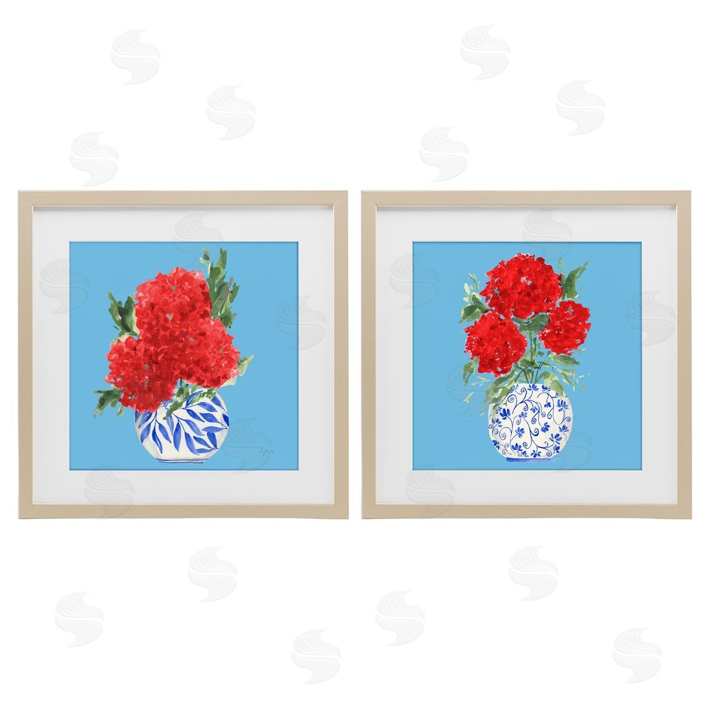 Sundance Graphics Bright Red & Blue Hydrangeas Birch Framed Print Under Glass Wall Art