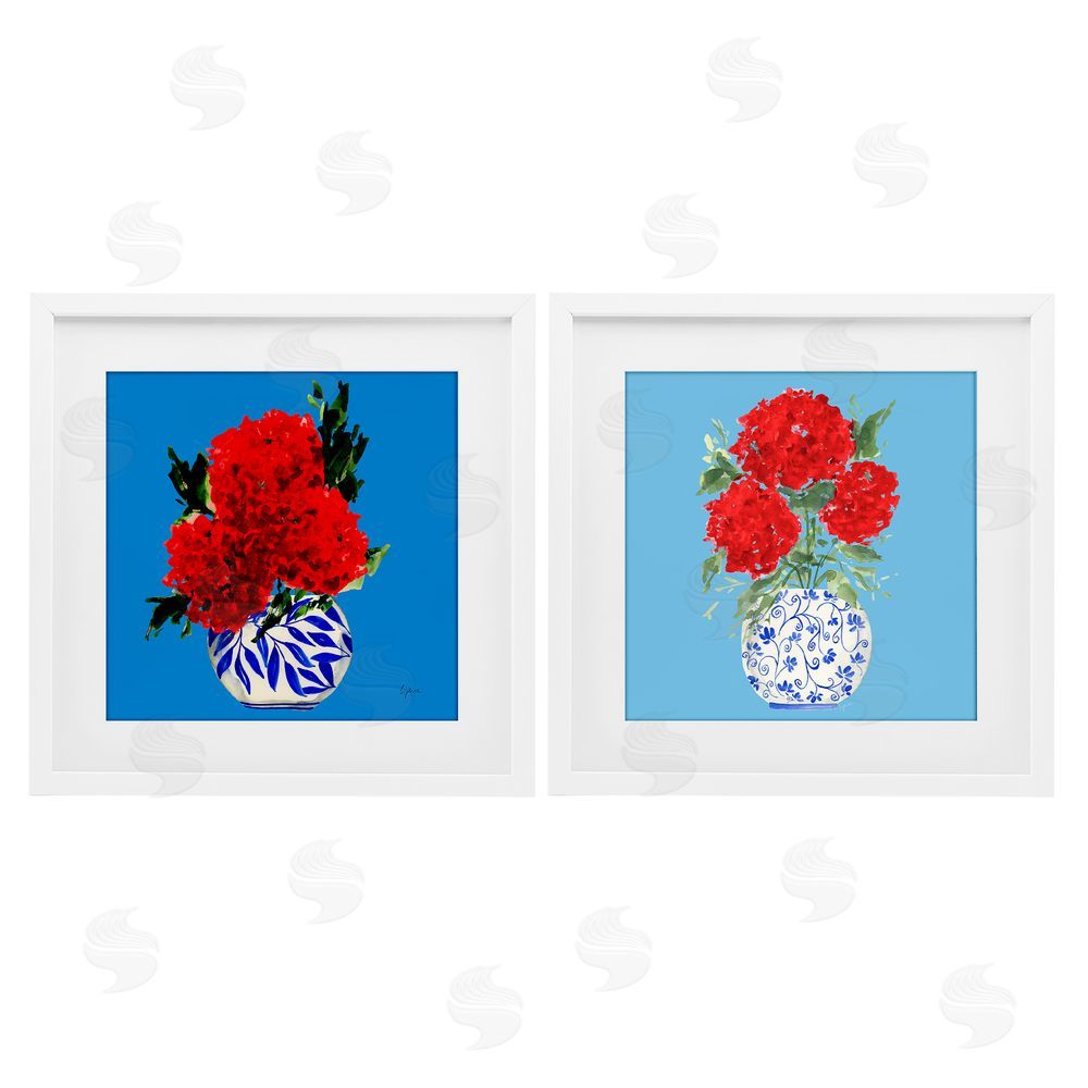 Sundance Graphics Bright Red & Blue Hydrangeas White Framed Print Under Glass Wall Art