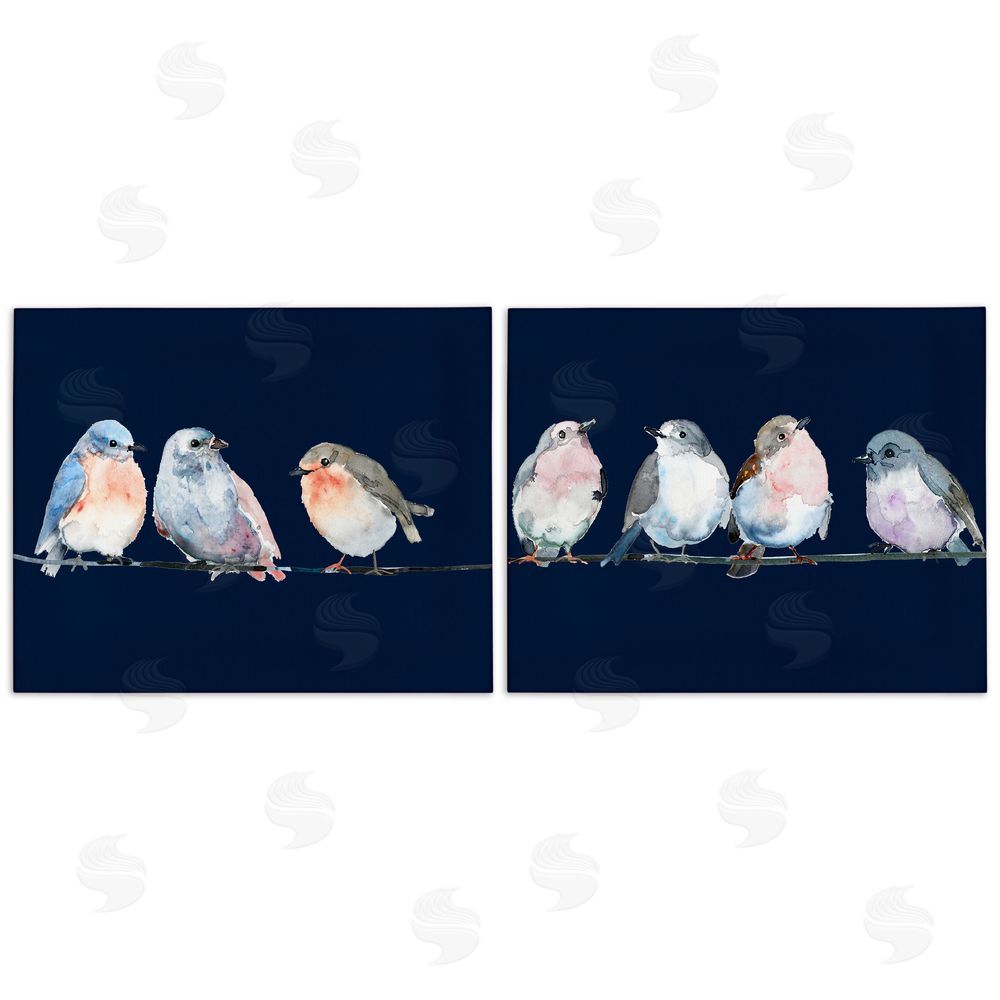 Lorenzo Collective Perched Navy Toned Birds Stretched Canvas Wall Art Print
