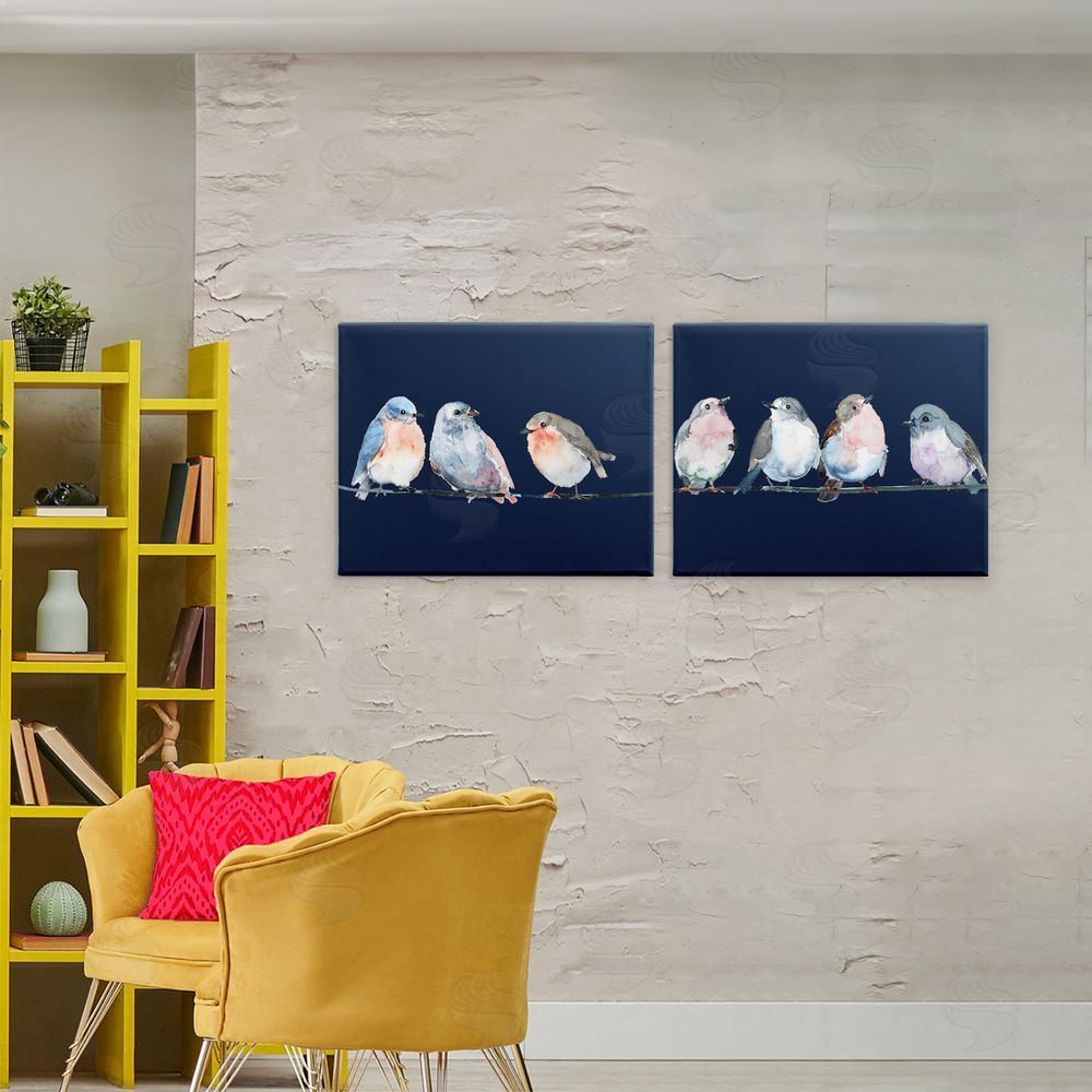 Lorenzo Collective Perched Navy Toned Birds Stretched Canvas Wall Art Print in Room
