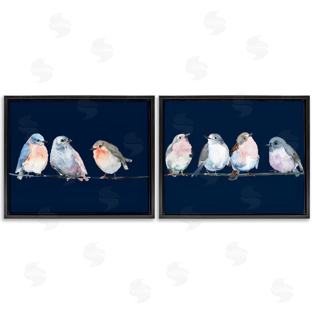 Lorenzo Collective Perched Navy Toned Birds Black Floating Frame Canvas Wall Art Print