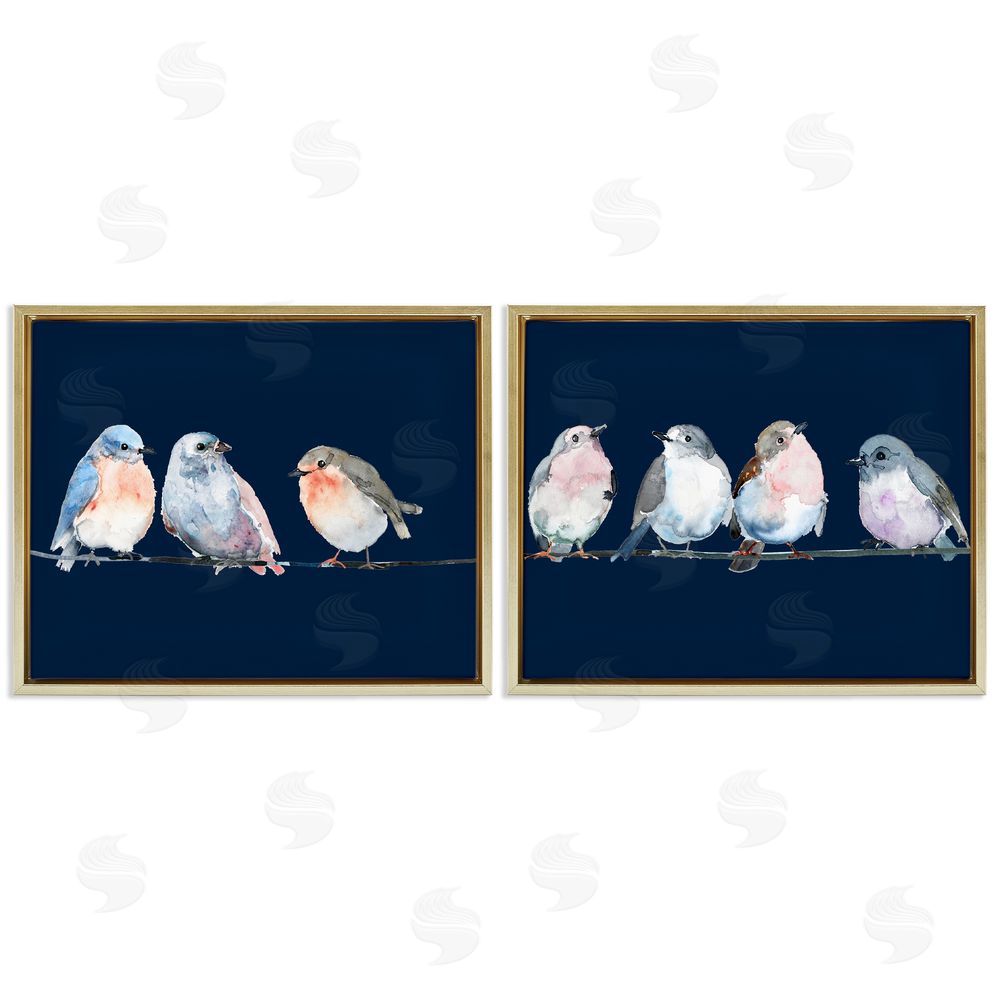 Lorenzo Collective Perched Navy Toned Birds Gold Floating Frame Canvas Wall Art Print