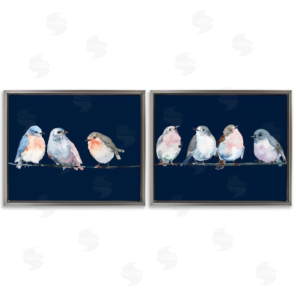 Lorenzo Collective Perched Navy Toned Birds Gray Floating Frame Canvas Wall Art Print
