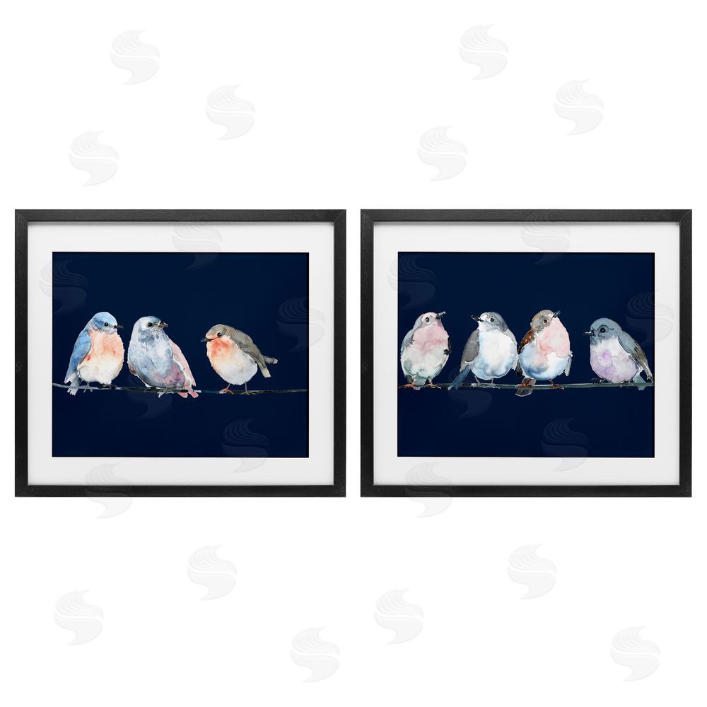 Lorenzo Collective Perched Navy Toned Birds Black Framed Print Under Glass Wall Art
