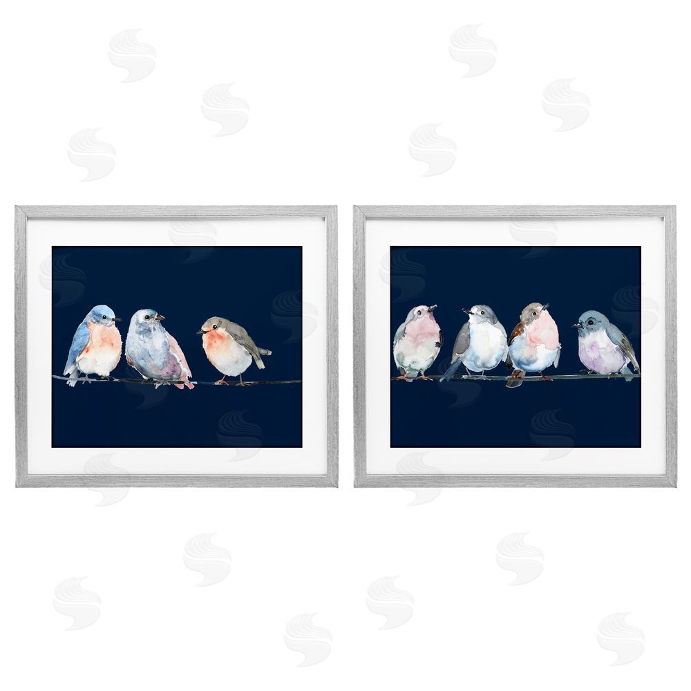 Lorenzo Collective Perched Navy Toned Birds Gray Framed Print Under Glass Wall Art