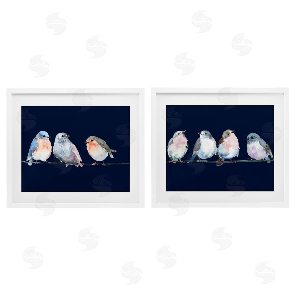 Lorenzo Collective Perched Navy Toned Birds White Framed Print Under Glass Wall Art