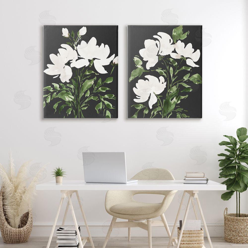 Lucille Price White On Black Blooms Stretched Canvas Wall Art Print in Room