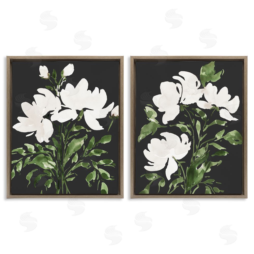 Lucille Price White On Black Blooms Brown Floating Frame Canvas Wall Art Print