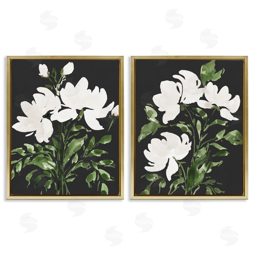 Lucille Price White On Black Blooms Gold Floating Frame Canvas Wall Art Print