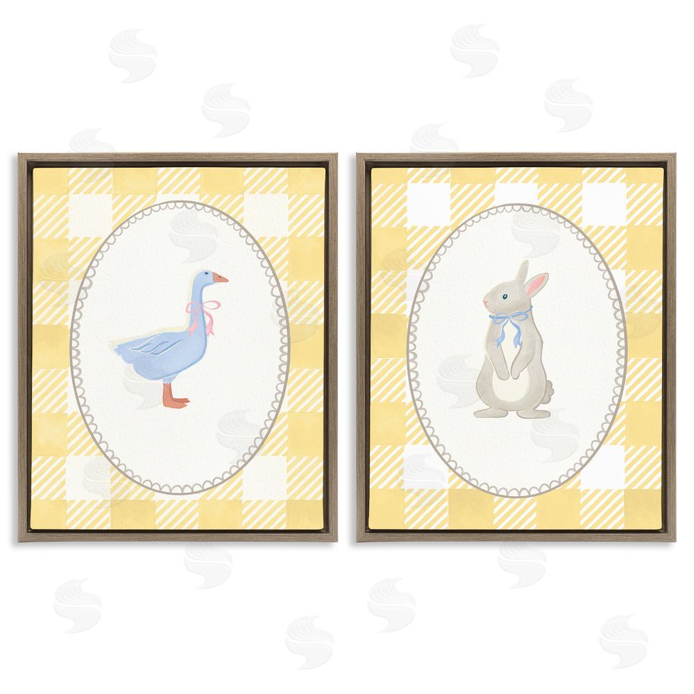 The Paper Curator Goose & Bunny Yellow Gingham Brown Floating Frame Canvas Wall Art