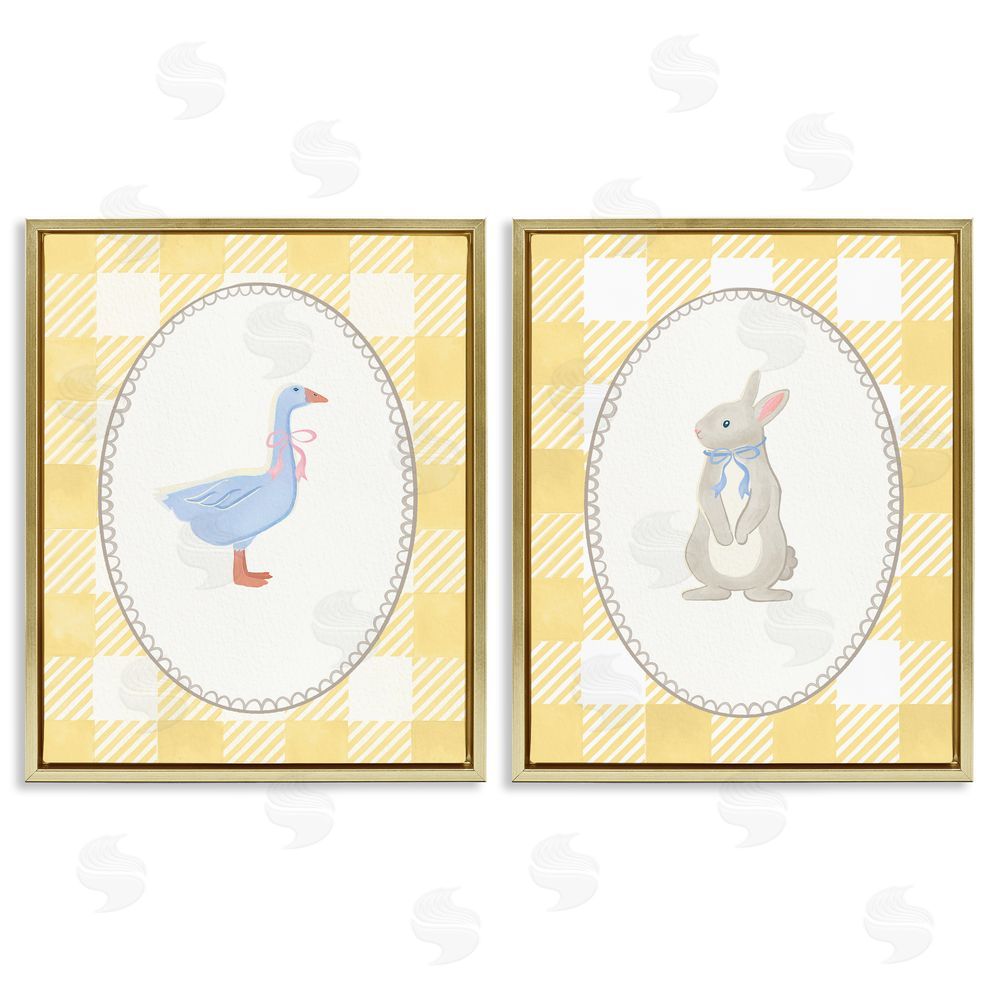 The Paper Curator Goose & Bunny Yellow Gingham Gold Floating Frame Canvas Wall Art