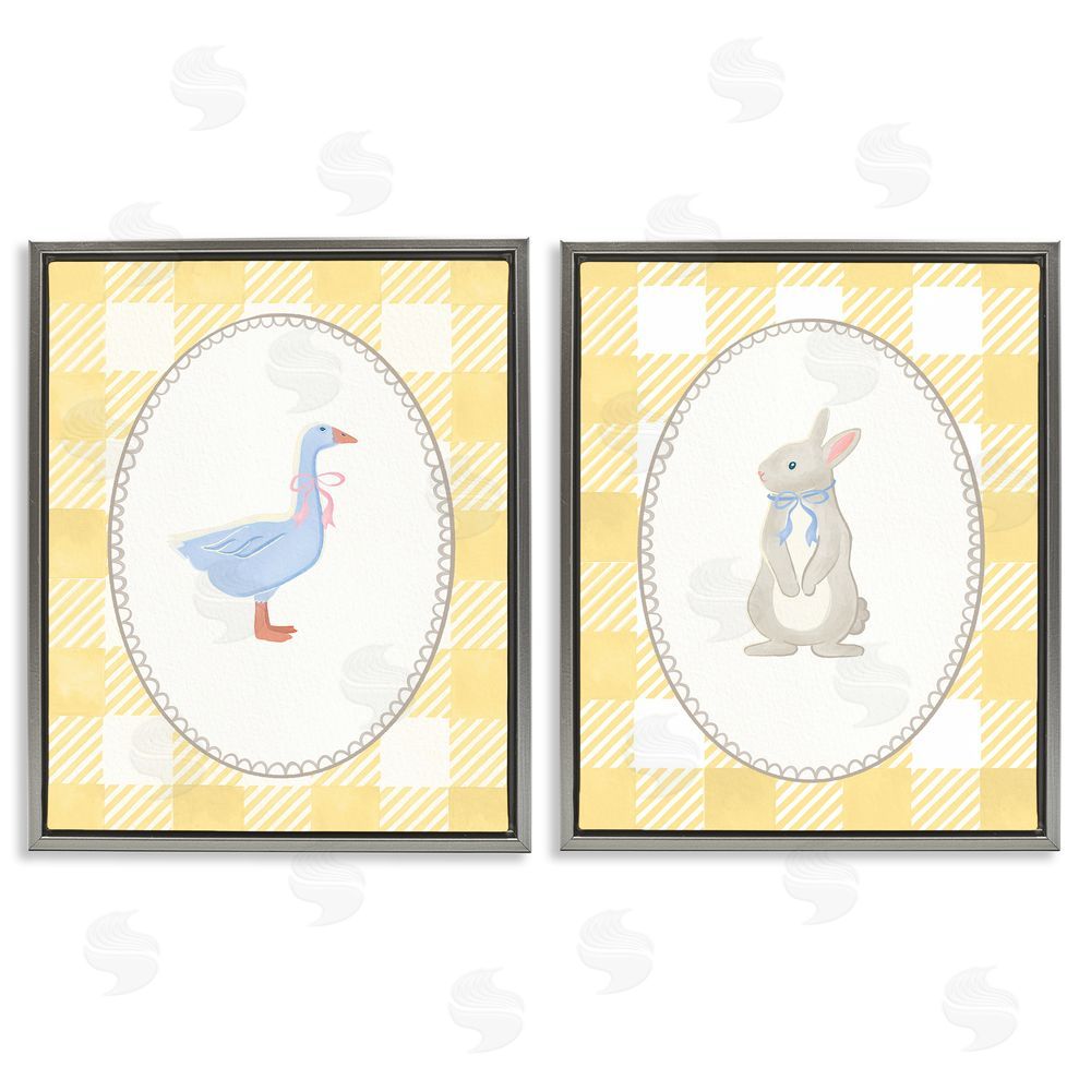 The Paper Curator Goose & Bunny Yellow Gingham Gray Floating Frame Canvas Wall Art