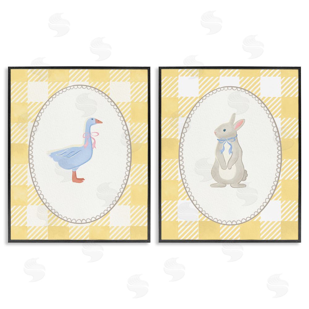 The Paper Curator Goose & Bunny Yellow Gingham Blacked Framed Giclee Wall Art Print