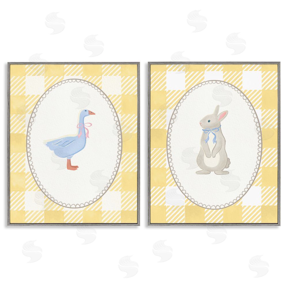 The Paper Curator Goose & Bunny Yellow Gingham Gray Framed Giclee Wall Art Print