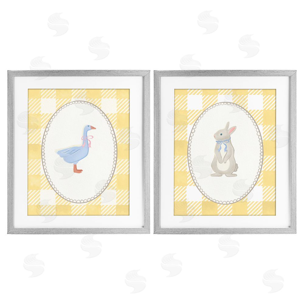 The Paper Curator Goose & Bunny Yellow Gingham Gray Framed Print Under Glass with Mat Wall Art