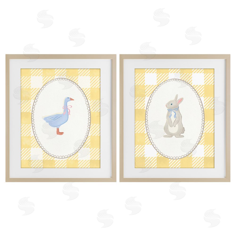 The Paper Curator Goose & Bunny Yellow Gingham Brown Framed Print Under Glass with Mat Wall Art