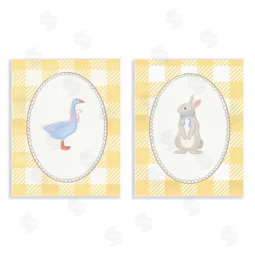 The Paper Curator Goose & Bunny Yellow Gingham Wooden Wall Plaque Art Print