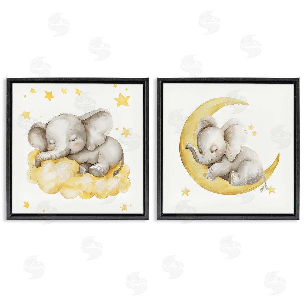 LSR Design Studio Sleeping Elephant Moon and Clouds Black Floating Framed Canvas Wall Art Print