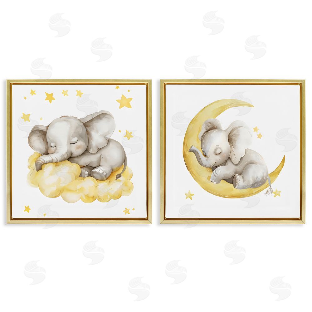 LSR Design Studio Sleeping Elephant Moon and Clouds Gold Floating Framed Canvas Wall Art Print