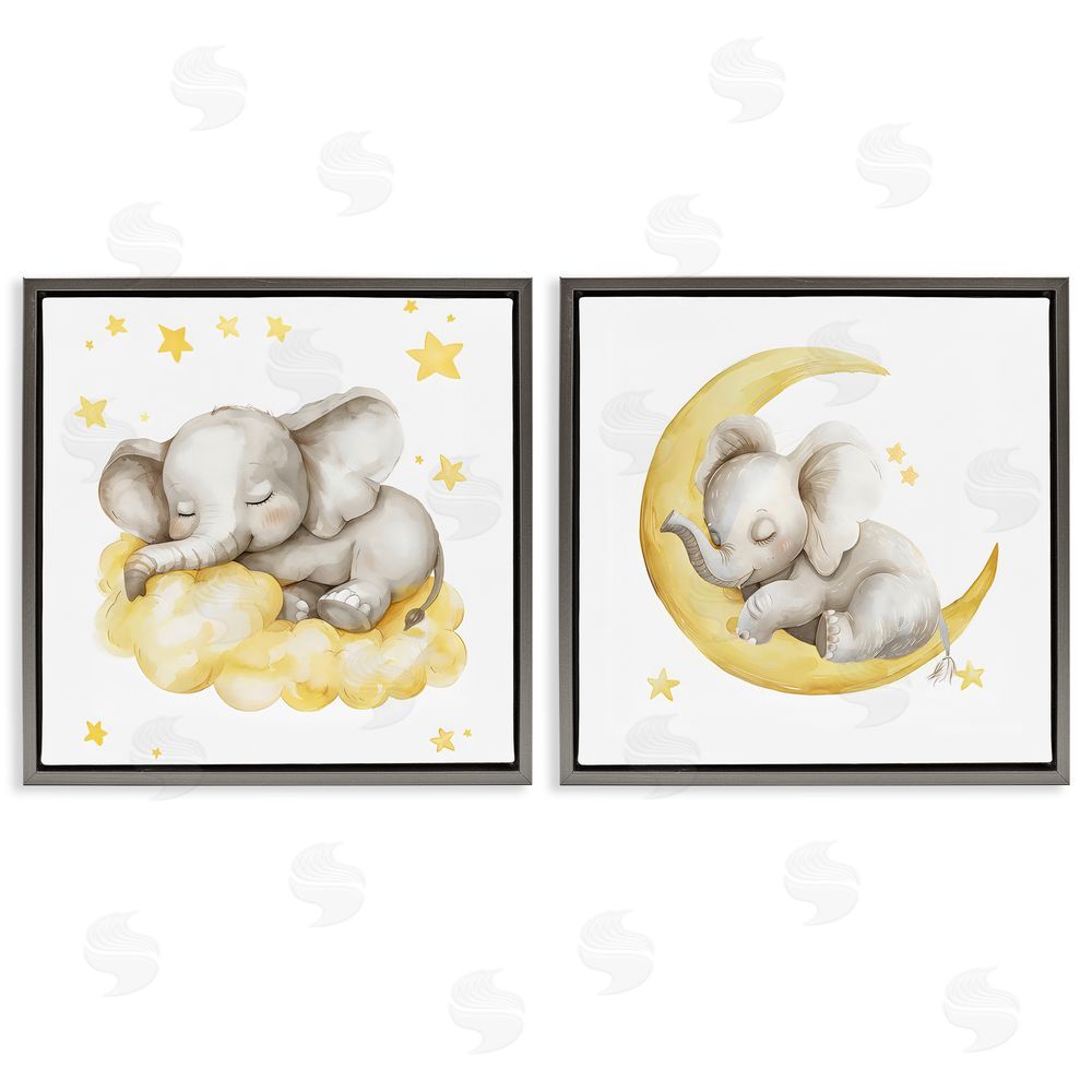 LSR Design Studio Sleeping Elephant Moon and Clouds Gray Floating Framed Canvas Wall Art Print
