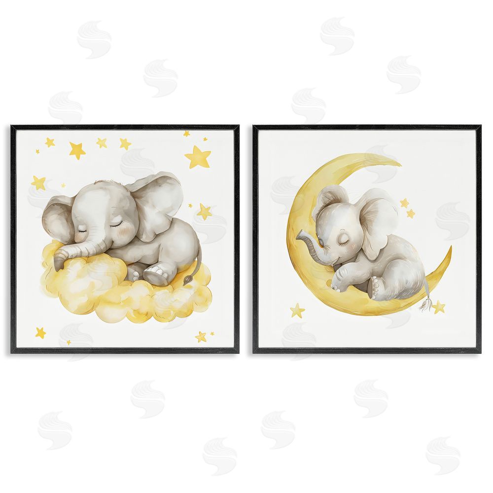 LSR Design Studio Sleeping Elephant Moon and Clouds Black Framed Giclee Wall Art Print